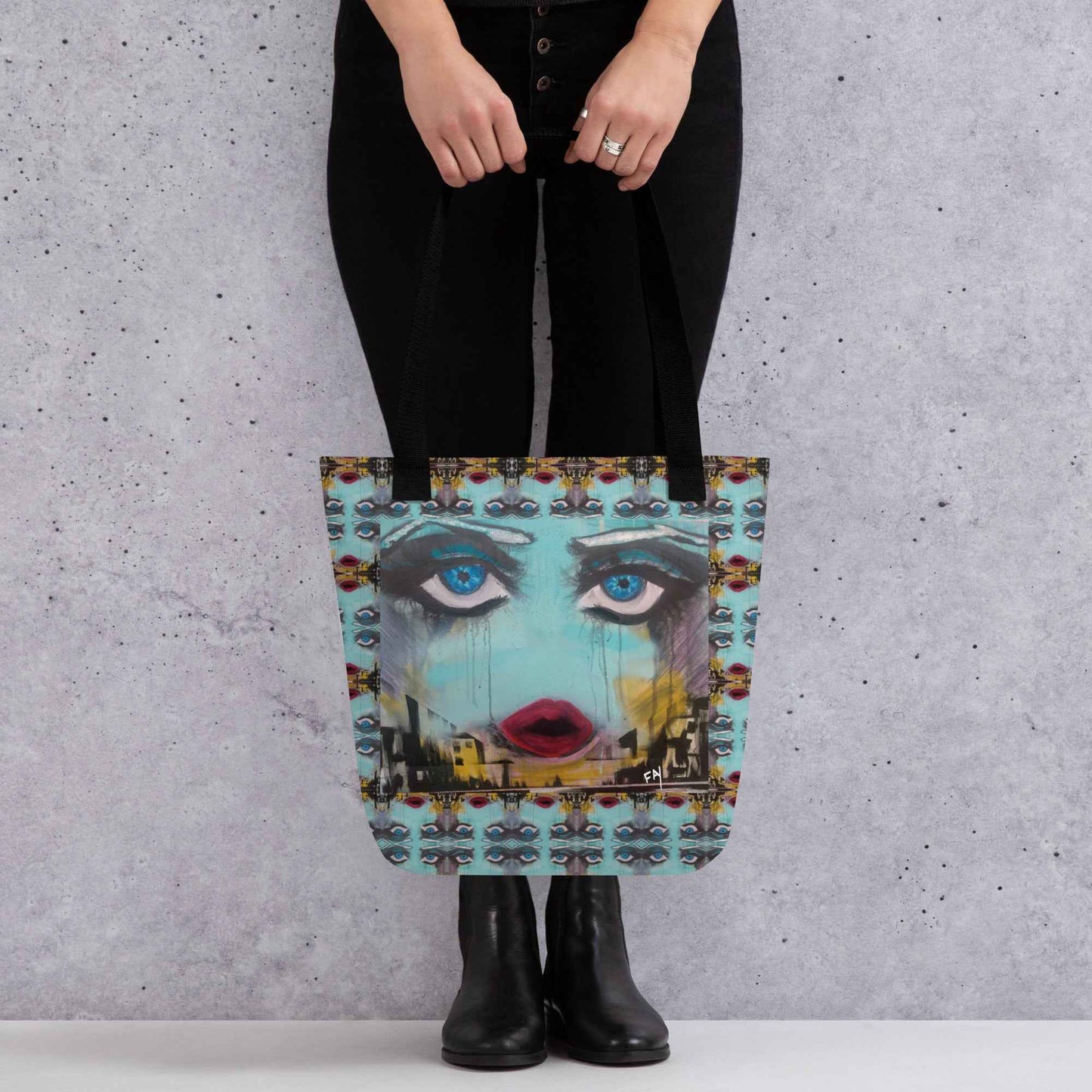Heather's Worlds Tote Bags – Fay's original artwork displayed against a kaleidoscope background