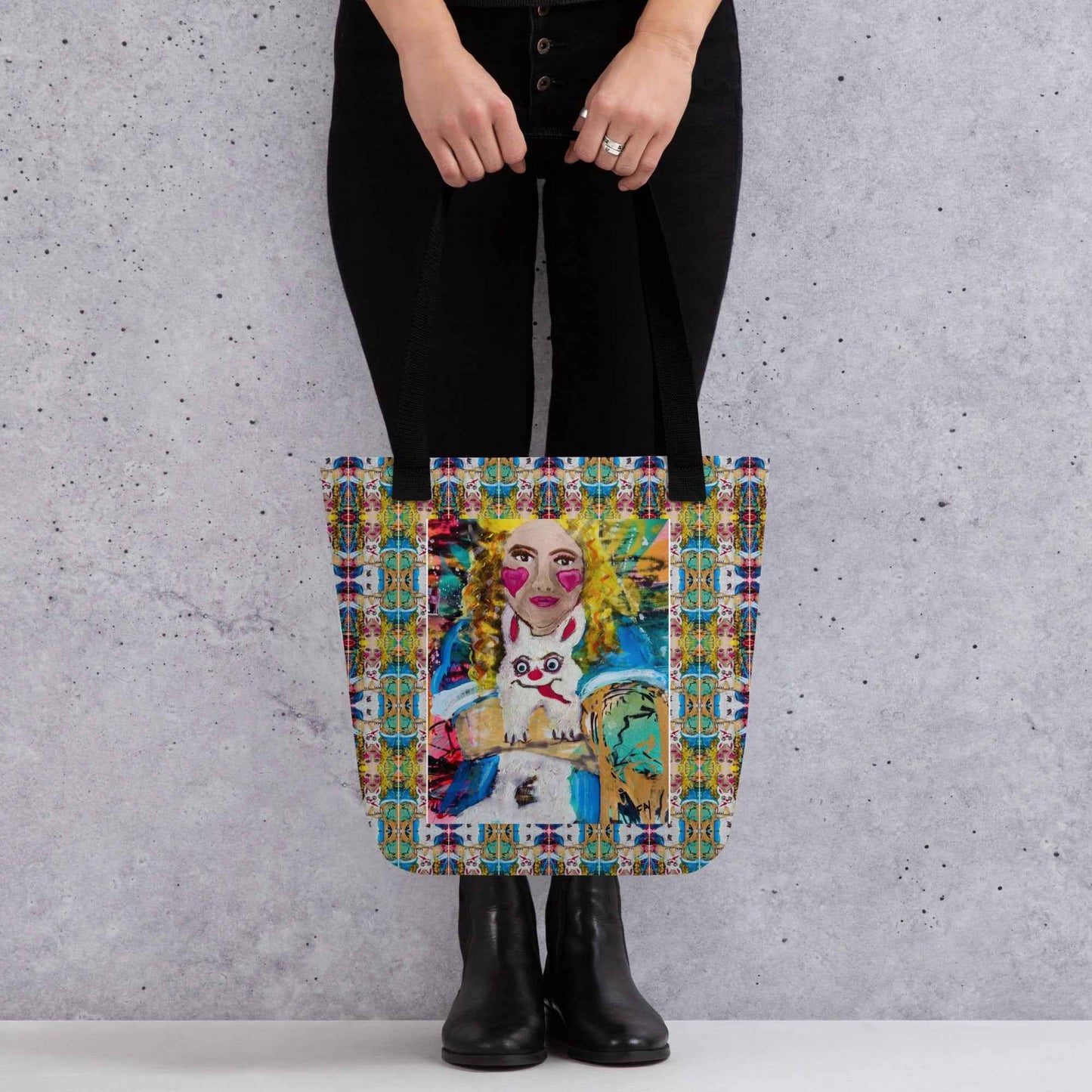 Heather's Worlds Tote Bags – Fay's original artwork displayed against a kaleidoscope background