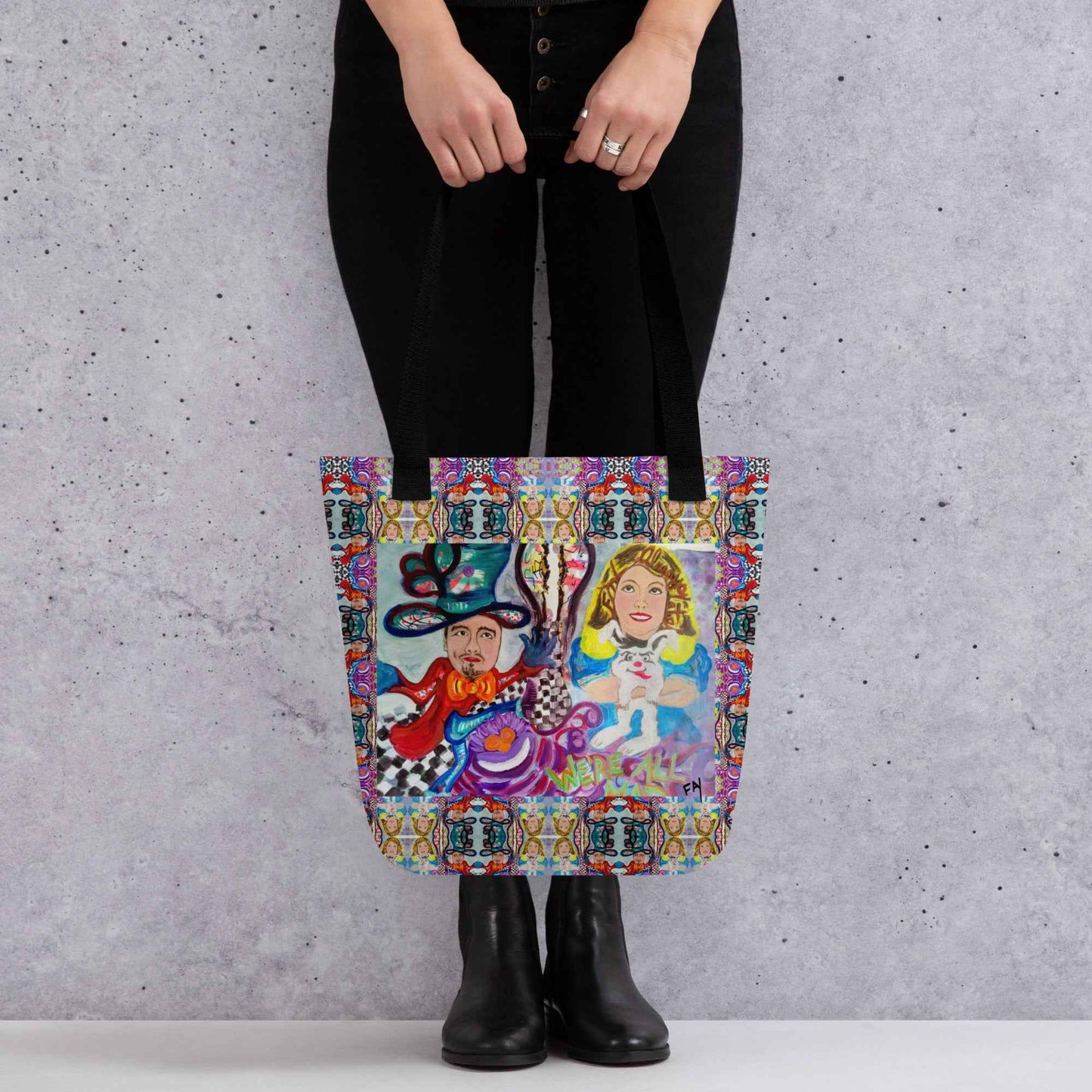 Heather's Worlds Tote Bags – Fay's original artwork displayed against a kaleidoscope background