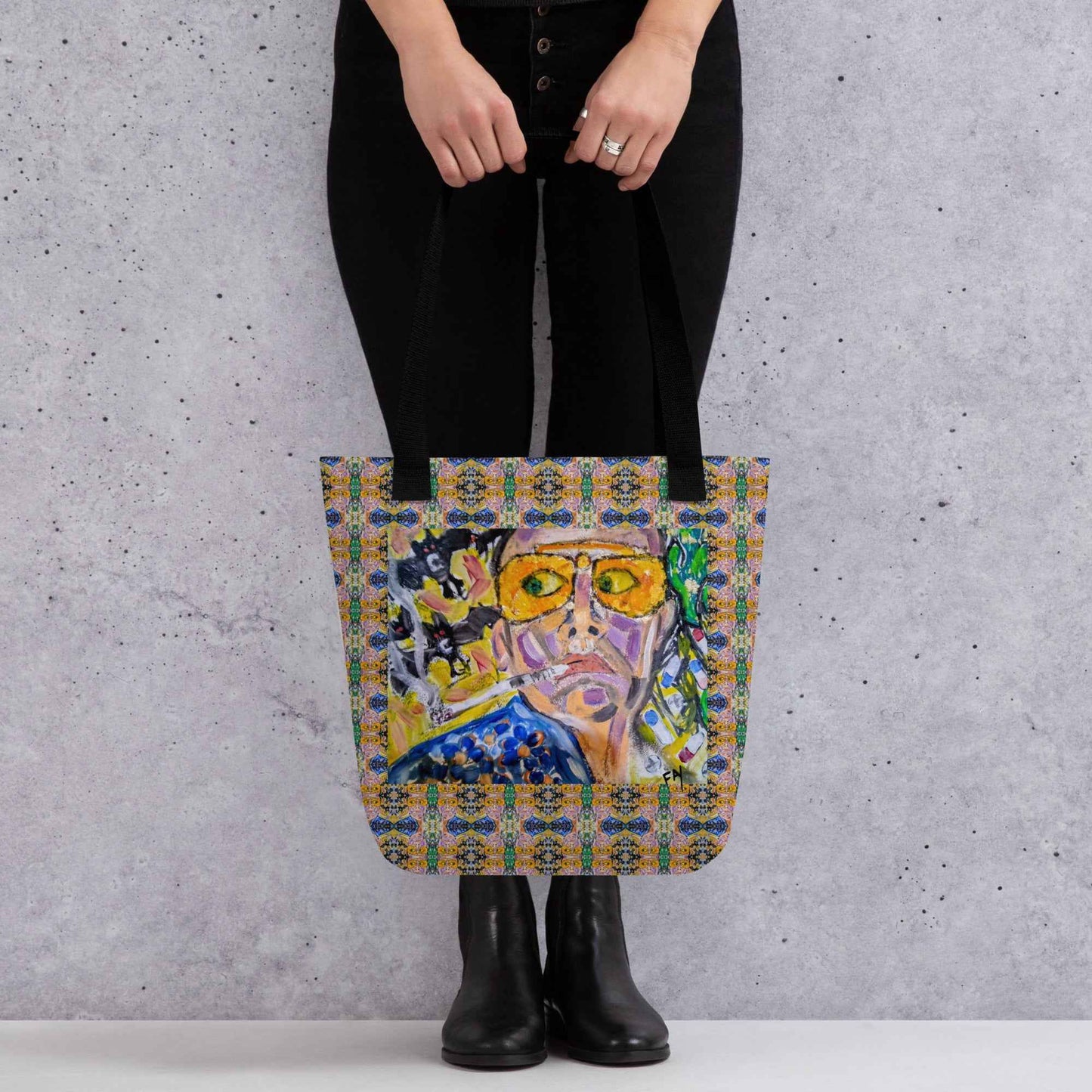 Heather's Worlds Tote Bags – Fay's original artwork displayed against a kaleidoscope background