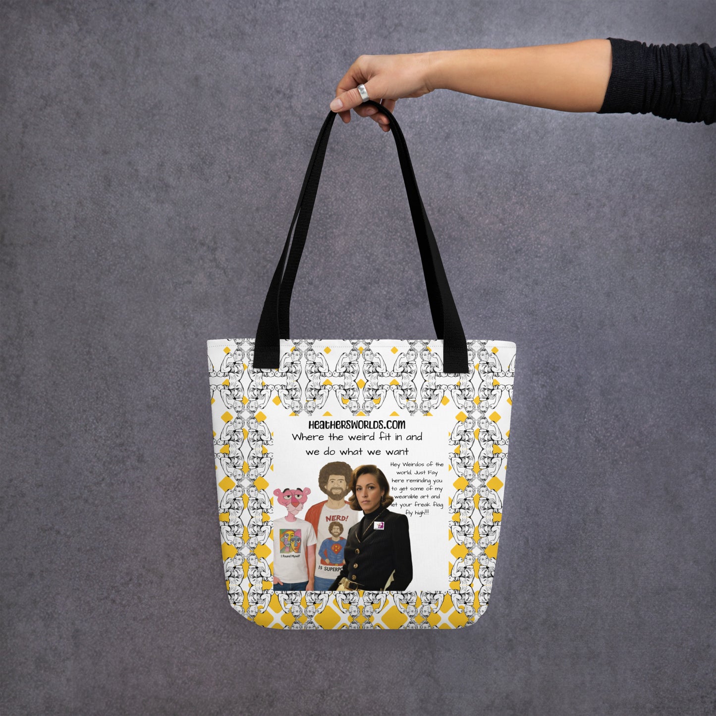 Heather's Worlds Tote Bags – Fay's original artwork displayed against a kaleidoscope background - HEATHERS WORLDS7144239_4533