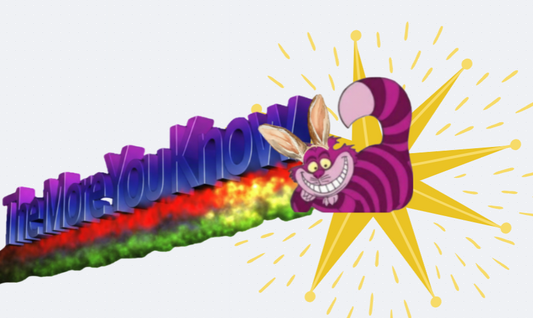 Retro 3D rainbow graphic with 'The More You Know' text and a grinning purple striped Cheshire Rabbit over a yellow starburst