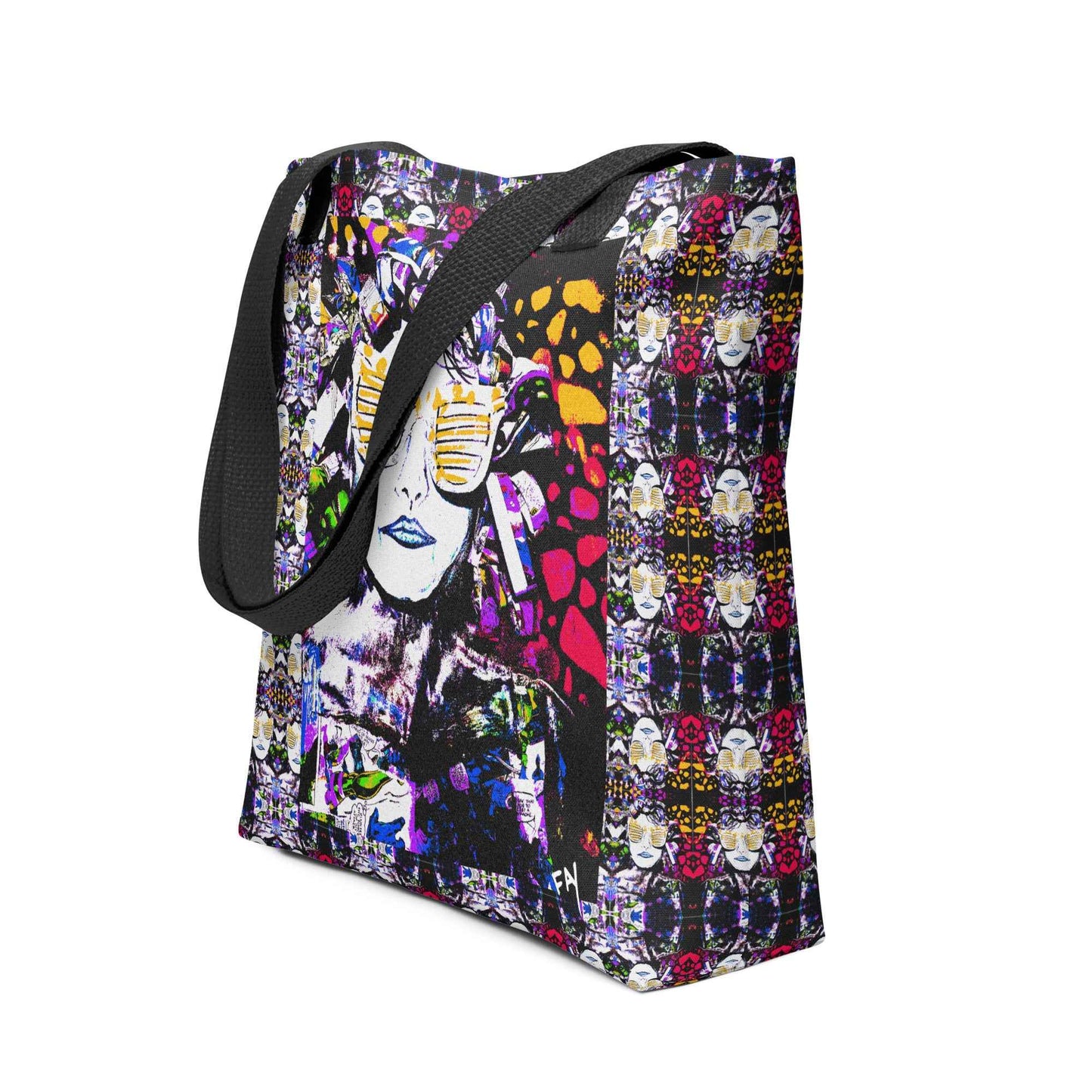 Heather's Worlds Tote Bags – Fay's original artwork displayed against a kaleidoscope background