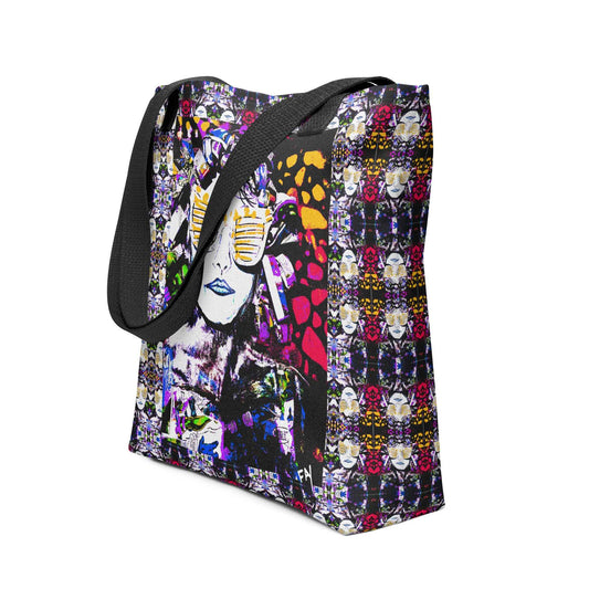 Heather's Worlds Tote Bags – Fay's original artwork displayed against a kaleidoscope background