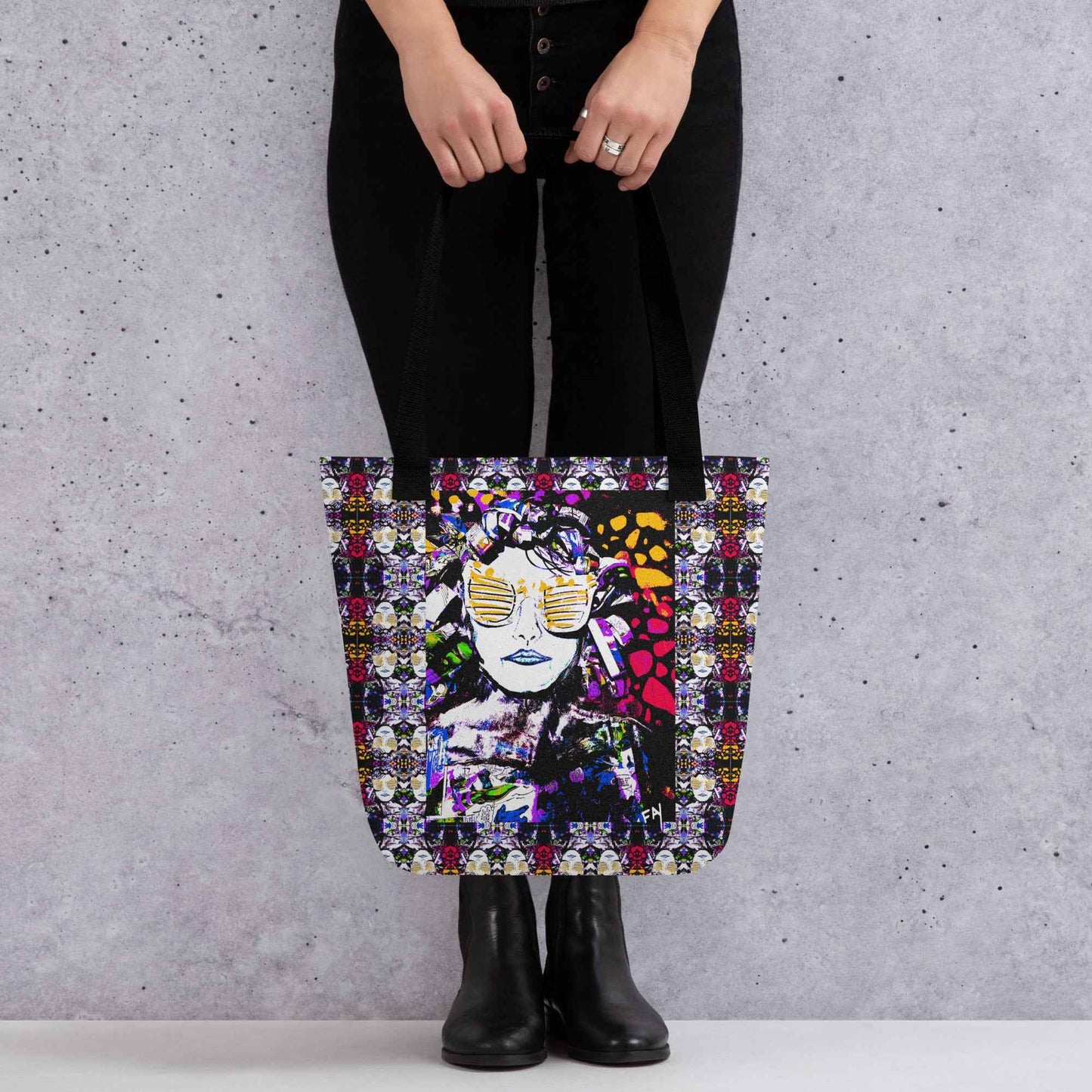 Heather's Worlds Tote Bags – Fay's original artwork displayed against a kaleidoscope background