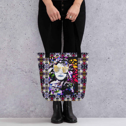 Heather's Worlds Tote Bags – Fay's original artwork displayed against a kaleidoscope background