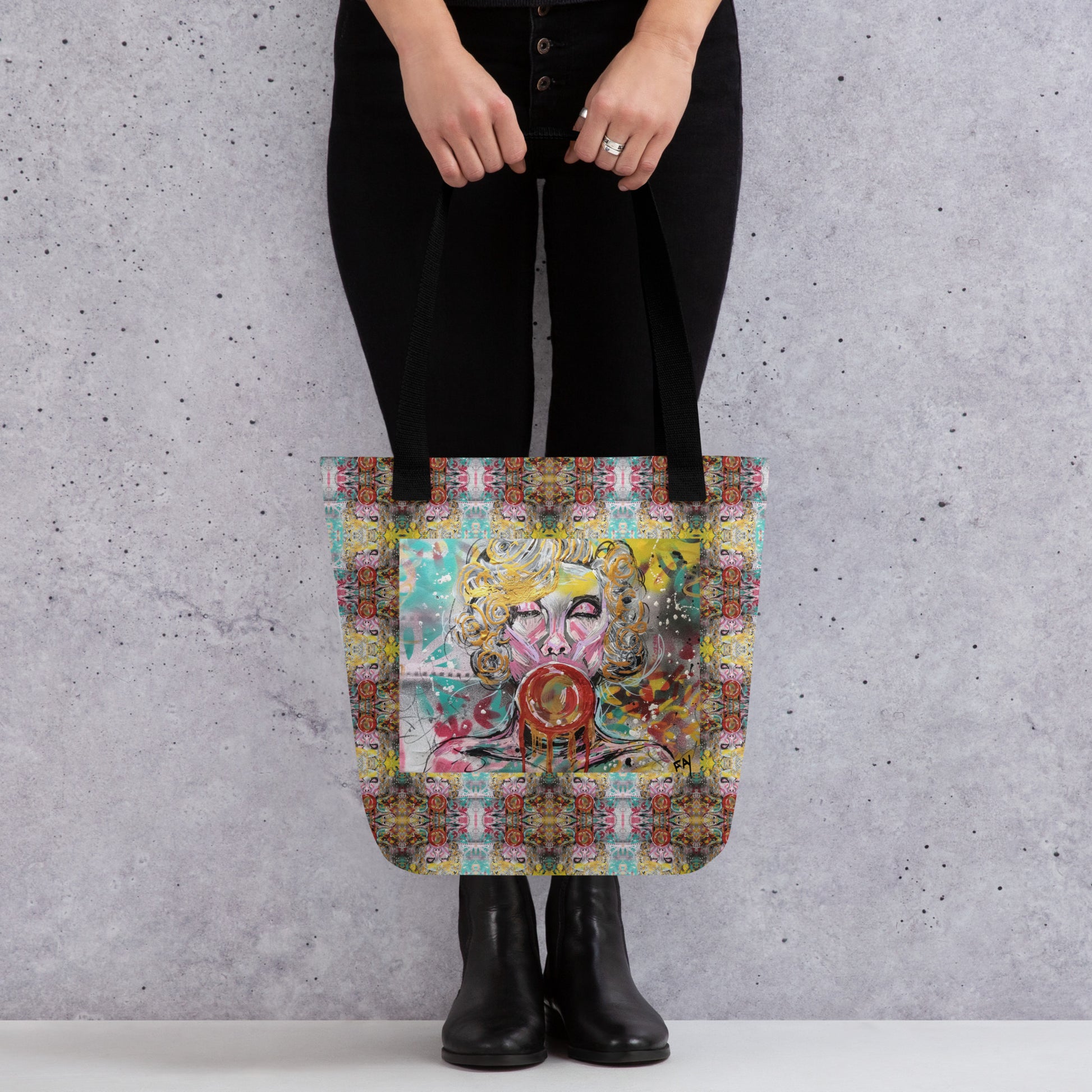 Heather's Worlds Tote Bags – Fay's original artwork displayed against a kaleidoscope background - HEATHERS WORLDS1316038_4533