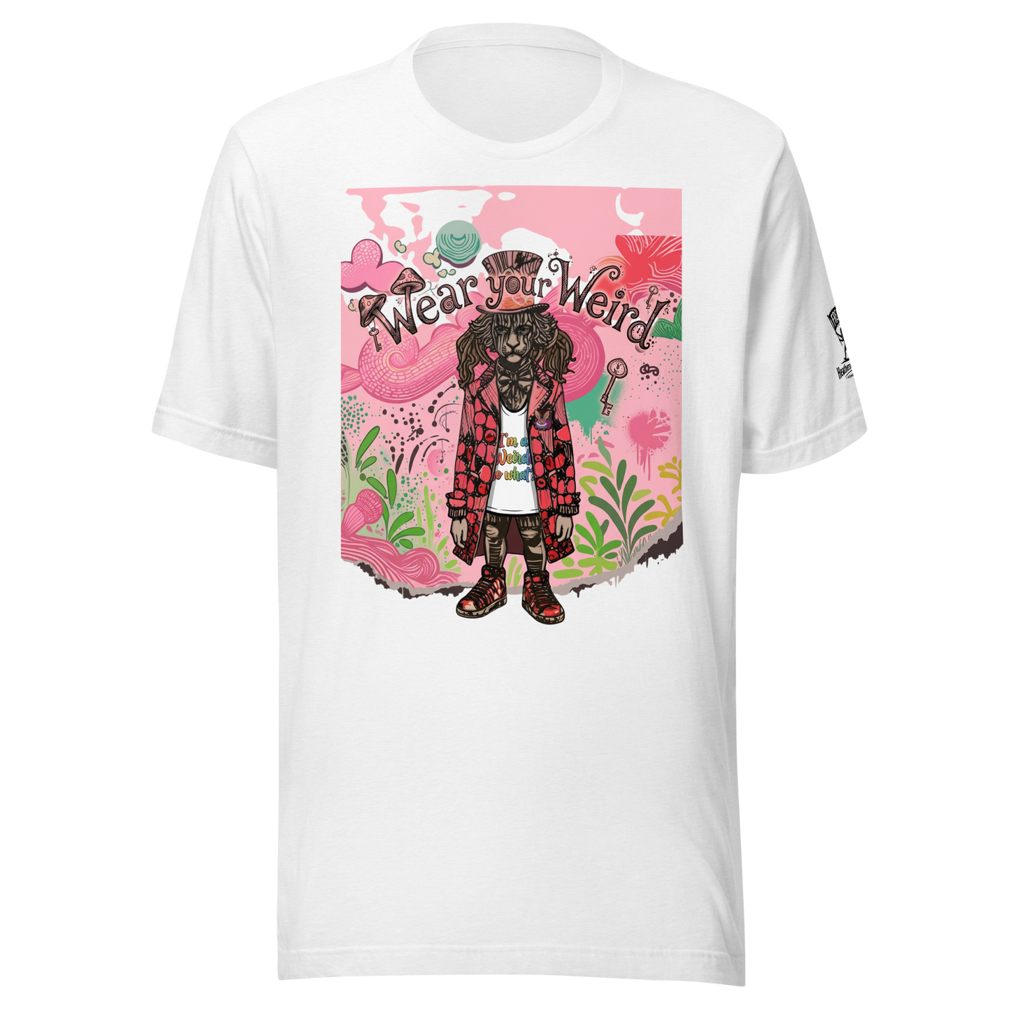 Stylized digital illustration of a character inspired by the Mad Hatter with long hair and a top hat, surrounded by colorful graffiti-style elements, mushrooms, and the phrase "Wear Your Weird" on a white t-shirt.