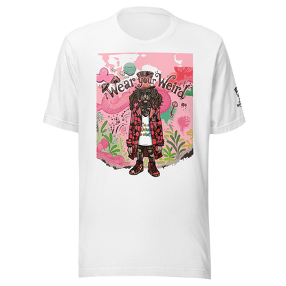Stylized digital illustration of a character inspired by the Mad Hatter with long hair and a top hat, surrounded by colorful graffiti-style elements, mushrooms, and the phrase "Wear Your Weird" on a white t-shirt.