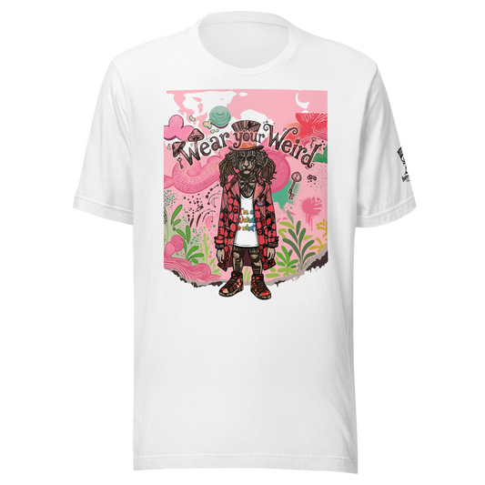 Stylized digital illustration of a character inspired by the Mad Hatter with long hair and a top hat, surrounded by colorful graffiti-style elements, mushrooms, and the phrase "Wear Your Weird" on a white t-shirt.